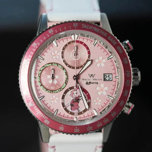 Close-up of the Sakura Haruno chronograph watch dial