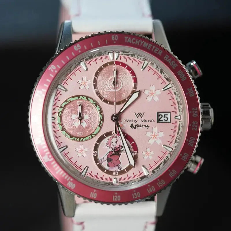 Close-up of the Sakura Haruno chronograph watch dial
