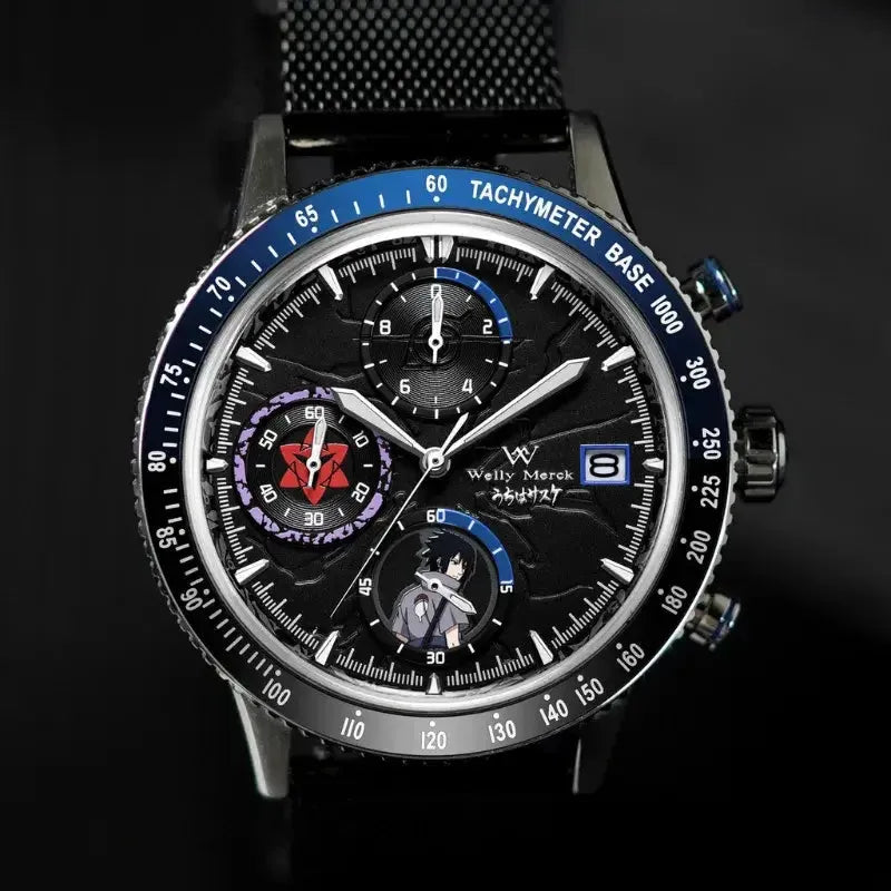 Close-up of the Sasuke Uchiha chronograph watch dial