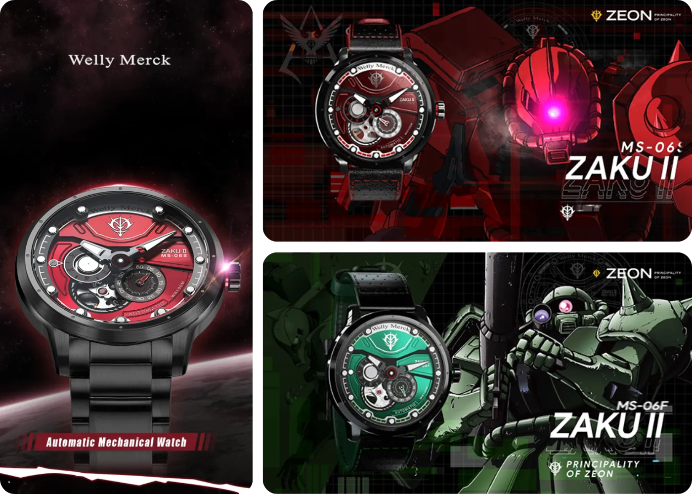 Welly Merck Gundam Zaku mechanical watches in red MS-06S and green MS-06F editions