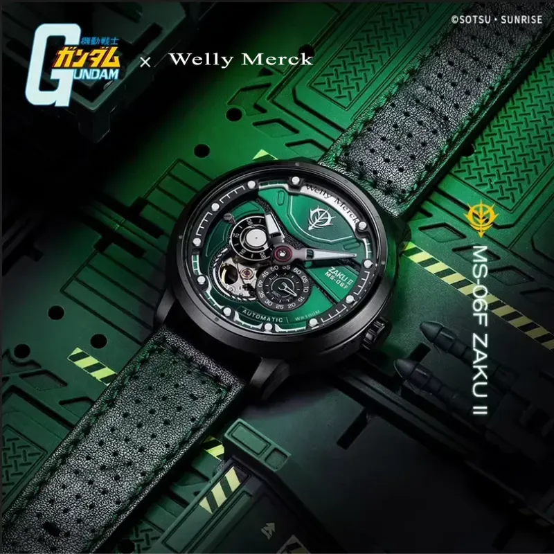 Green MS-06F Zaku II mechanical watch with leather strap