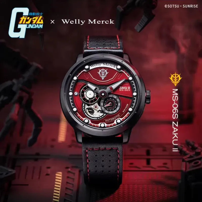 Red MS-06S Zaku II mechanical watch with leather strap
