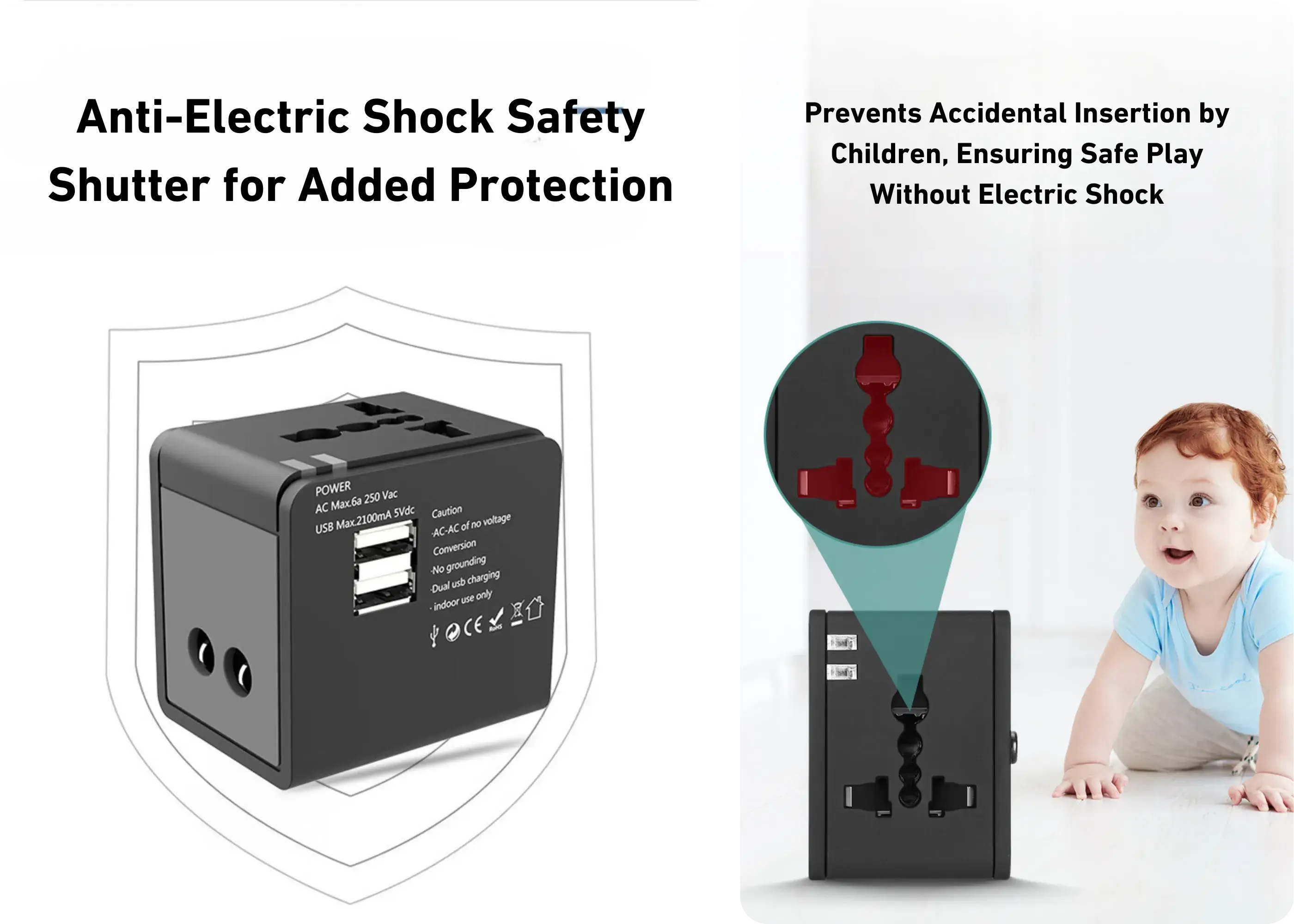 WY-08 travel adapter with built-in child protection safety shutter