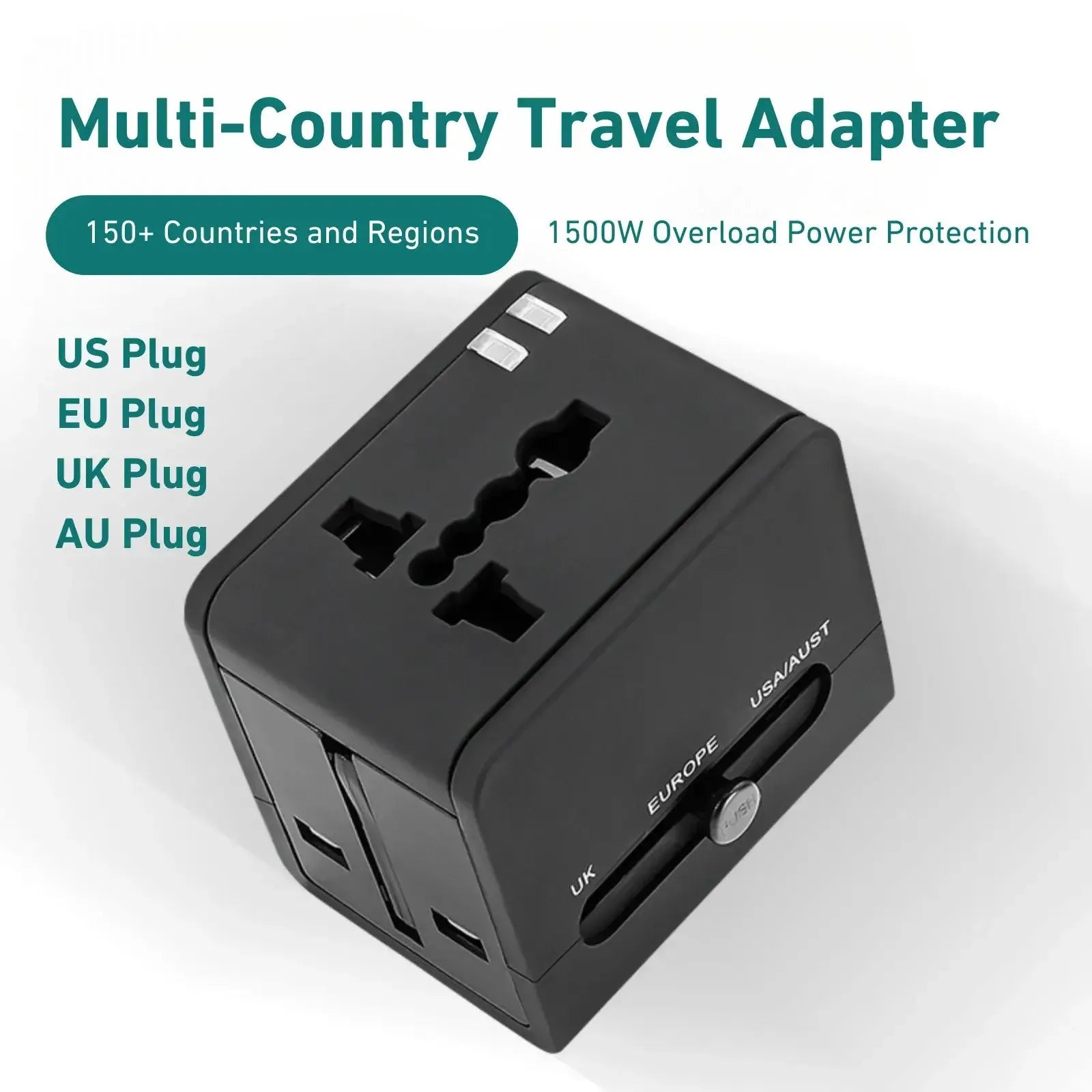 WY-08 adapter with US, EU, UK, and AU plugs for over 150 countries