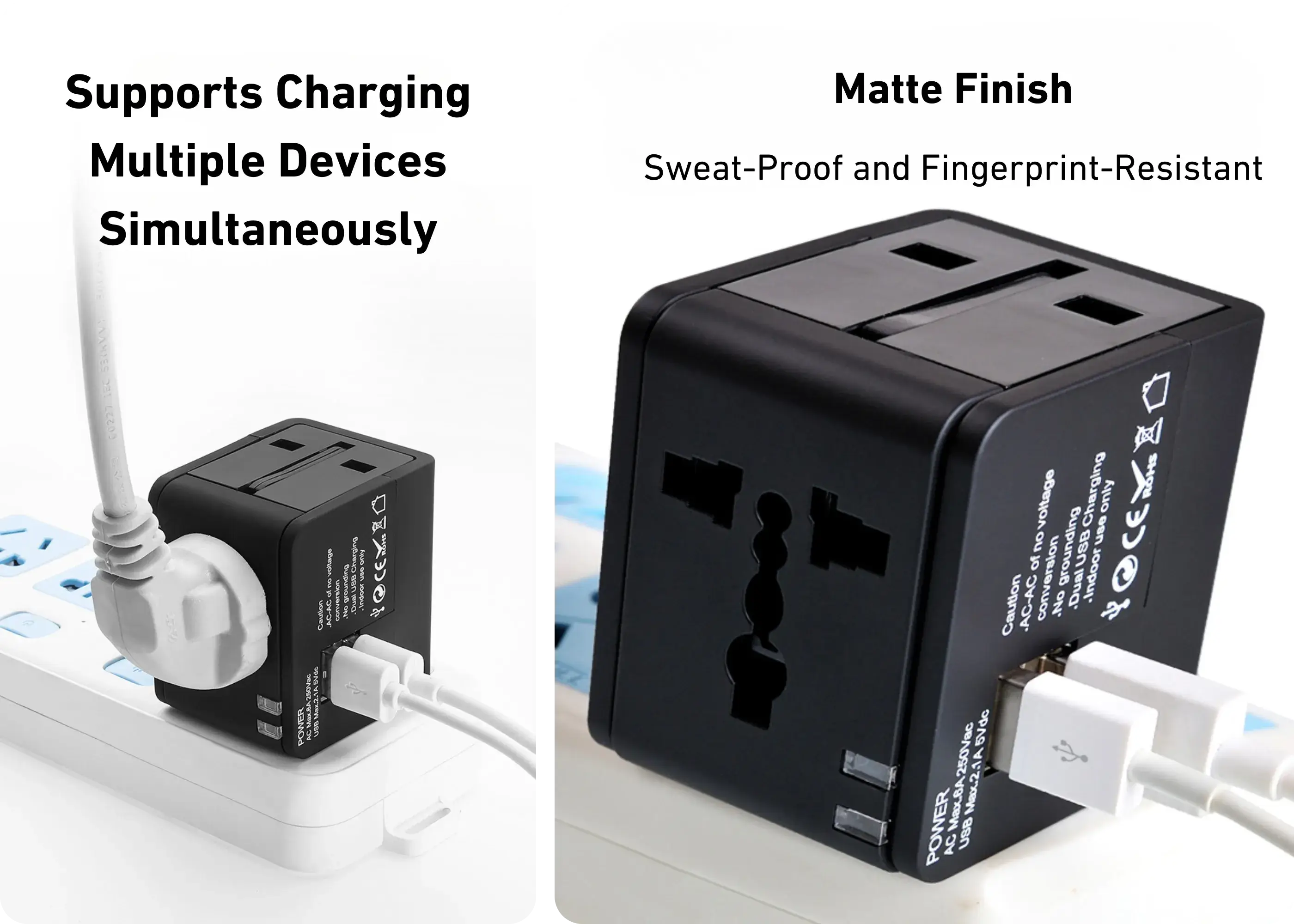 WY-08 adapter charging multiple devices with two USB-A ports and AC socket