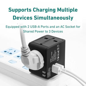 WY-08 travel adapter charging three devices through AC and dual USB-A