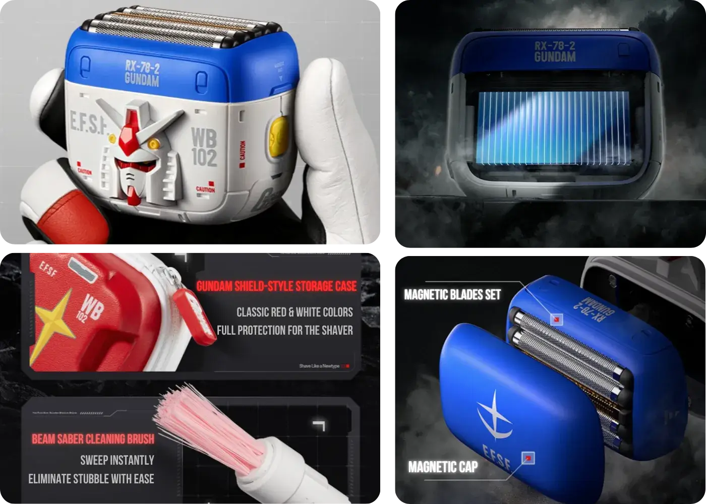 Magnetic charging, washable foil head, and cleaning controls on the Gundam shaver