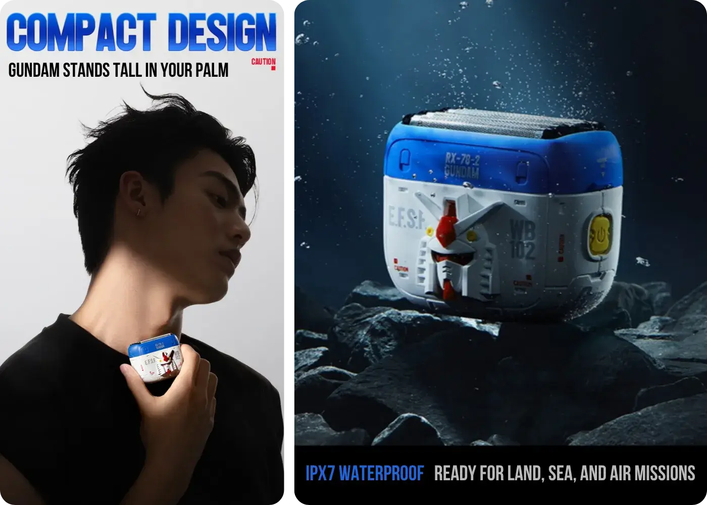 Compact IPX7 waterproof design of the Yoose Gundam RX-78-2 shaver