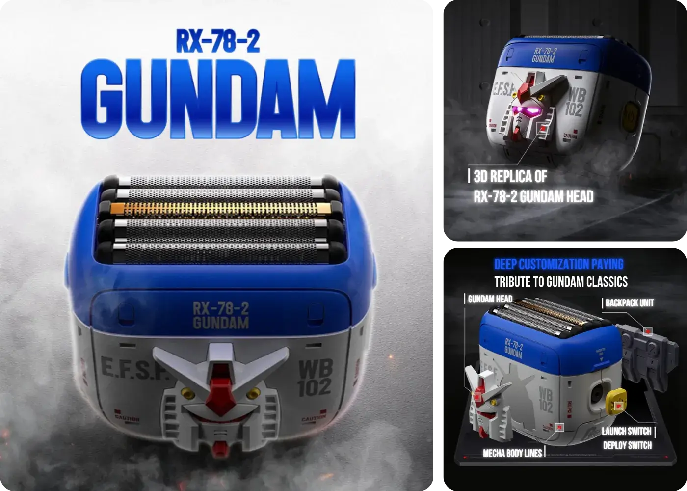 Five-foil shaving head and Gundam-themed design on the Yoose RX-78-2 shaver