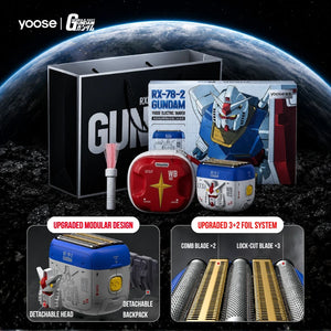 Yoose Gundam RX-78-2 electric shaver with foil heads, accessories, and gift packaging