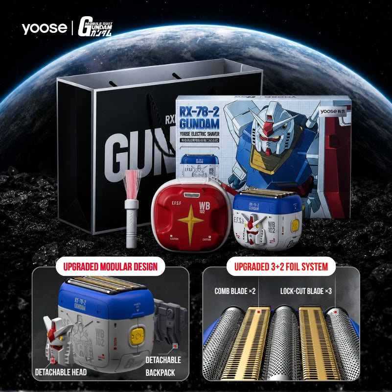Yoose Gundam RX-78-2 electric shaver with foil heads, accessories, and gift packaging