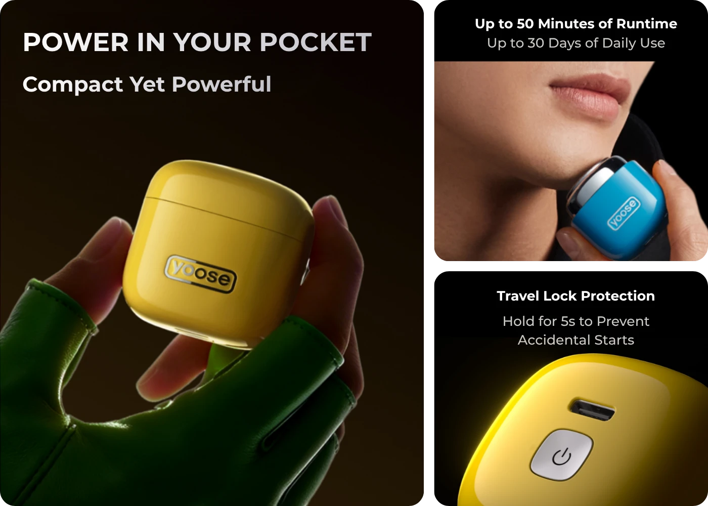 Compact Pokémon Mini Cube shaver with travel lock and 50-minute runtime