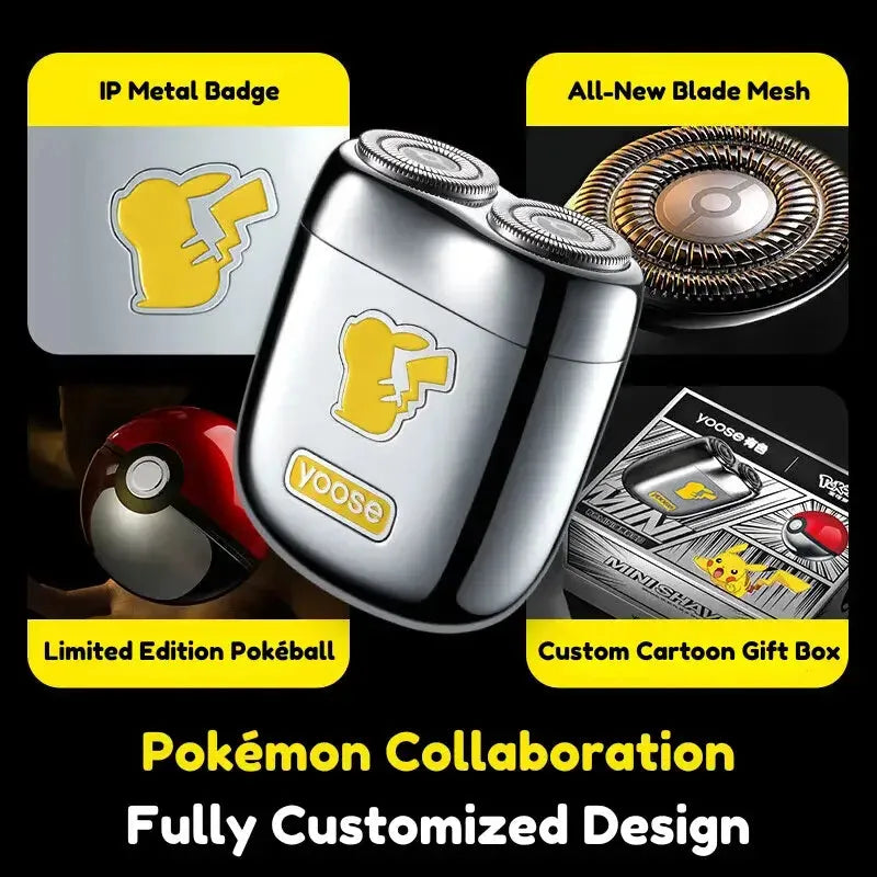 Rasoir électrique à grille Yoose avec badge Pikachu, étui Poké Ball et coffret cadeau