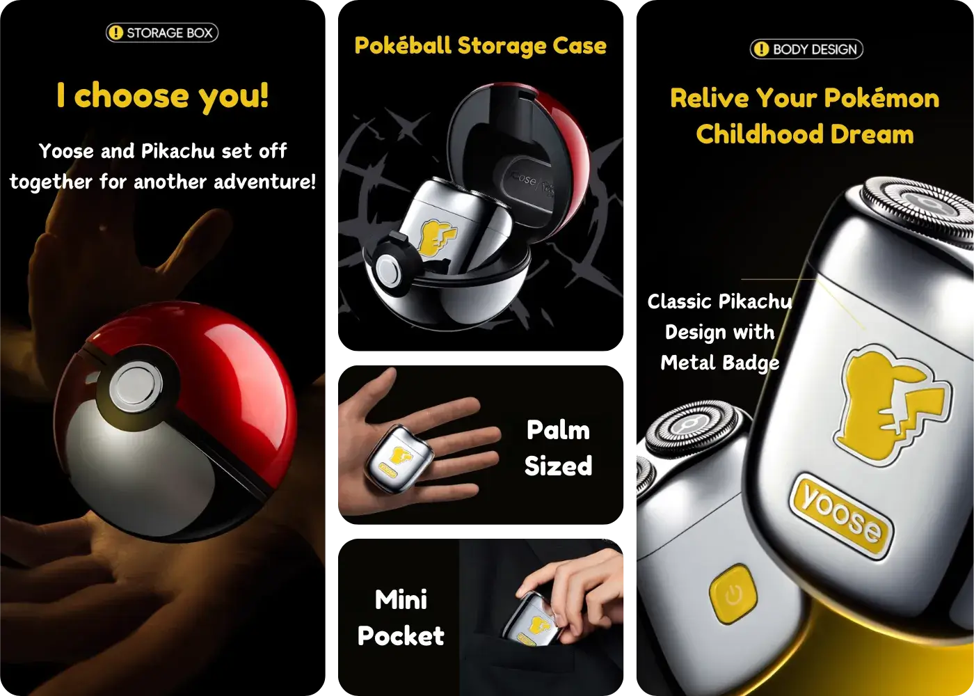 Yoose Pikachu MINI 2.0 shaver with licensed Pokémon styling and Poké Ball case